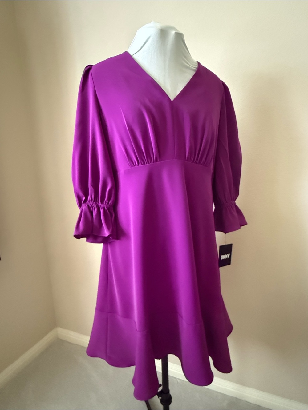 DKNY Bright Magenta V-Neck Midi Dress with Puff Sleeves